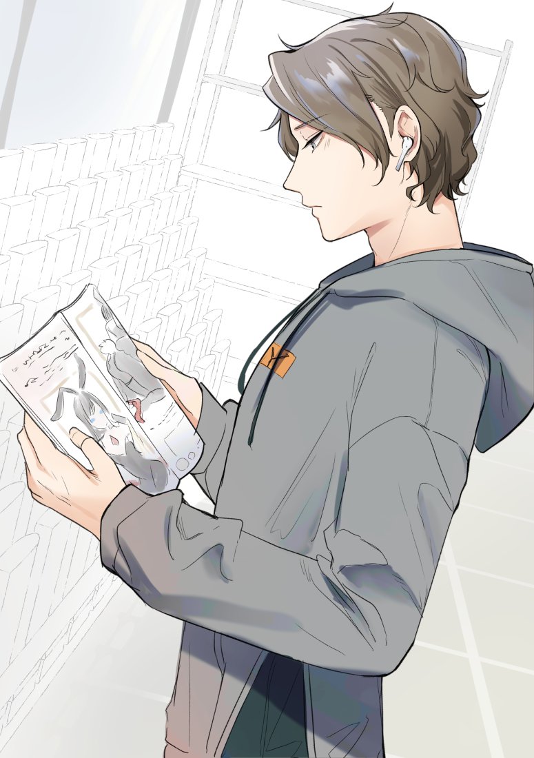 1boy brown_hair carrot_(robosquat) earbuds earphones expressionless grey_eyes hood hoodie magazine_(object) male_focus original playboy_bunny profile solo upper_body