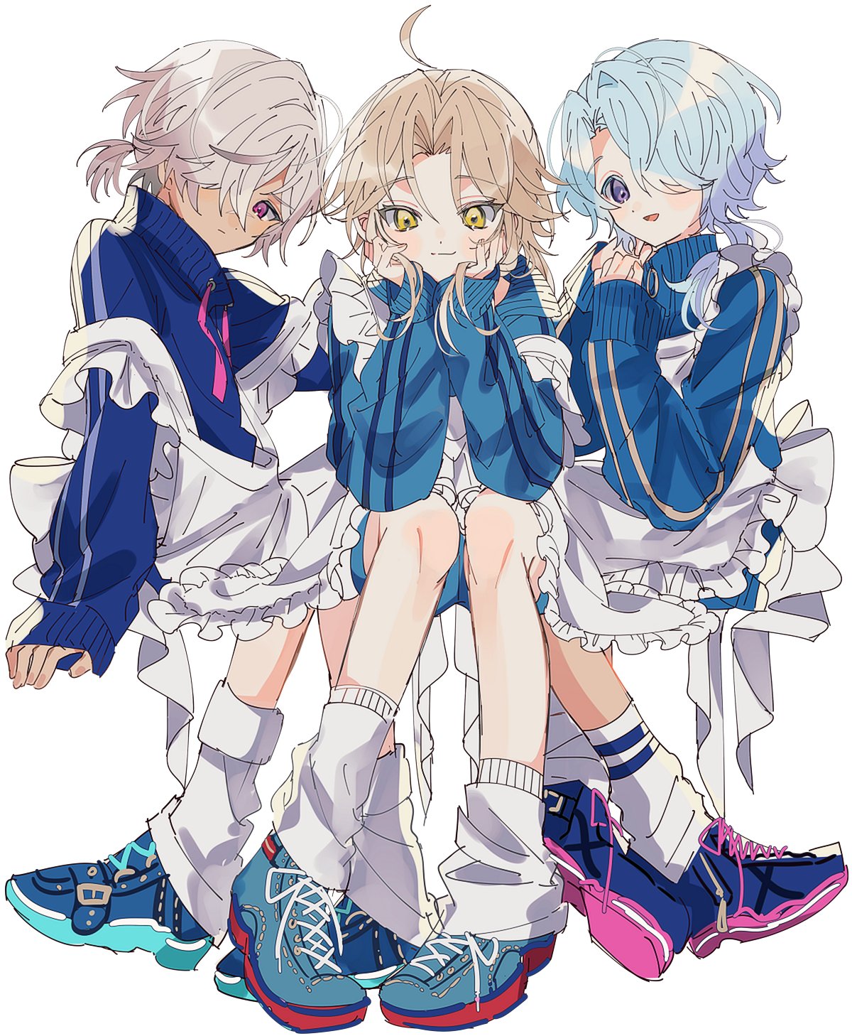 3boys apron arlan_(honkai:_star_rail) blonde_hair blue_hair gg_suyari highres honkai:_star_rail honkai_(series) light_blue_hair maid_apron misha_(honkai:_star_rail) multiple_boys ponytail purple_eyes shoes socks sweater tagme white_background white_hair yanqing_(honkai:_star_rail) yellow_eyes