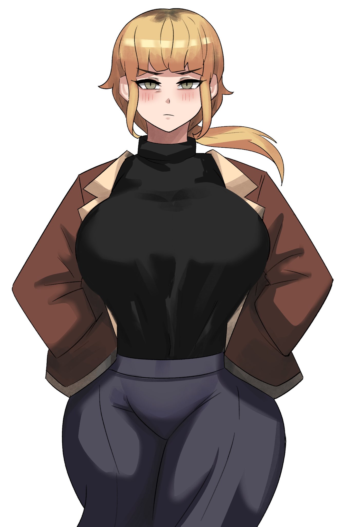 1girl black_shirt blonde_hair blue_skirt blush bomber_jacket breasts brown_jacket cowboy_shot fear_&amp;_hunger fear_&amp;_hunger_2:_termina hands_in_pockets highres huge_breasts jacket karin_(fear_&amp;_hunger) looking_at_viewer ponytail shirt simple_background skirt solo standing turtleneck white_background yellow_eyes ytrall