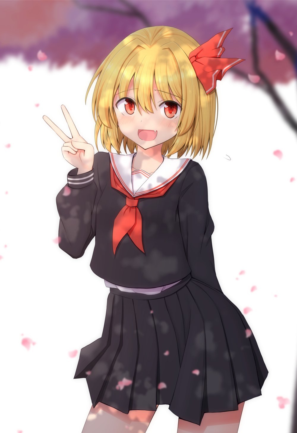 :d black_shirt black_skirt blonde_hair cherry_blossoms commentary_request cowboy_shot hair_ribbon highres long_sleeves neckerchief pleated_skirt puffy_sleeves red_eyes red_neckerchief ribbon rumia sailor_collar shirt skirt smile teoi_(good_chaos) touhou v white_sailor_collar