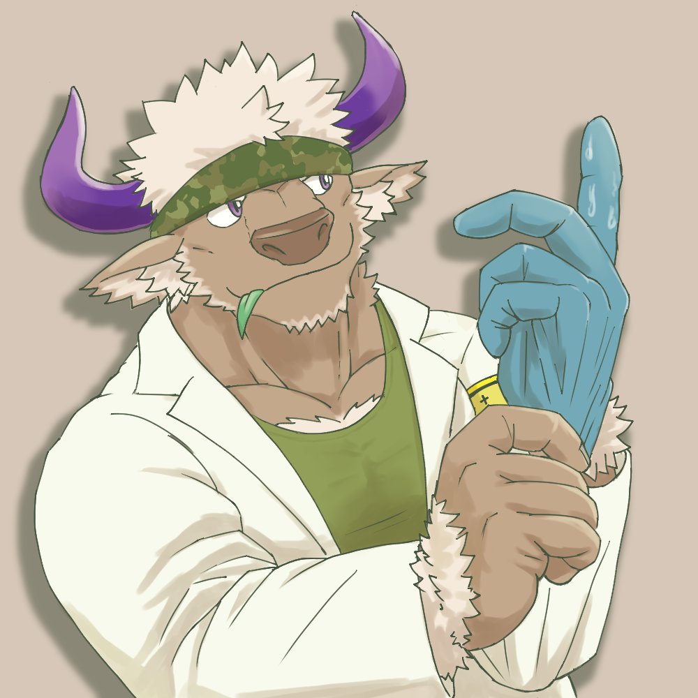 accessory alf_nick anthro bovid bovine cattle clothing coat gloves handwear headband horn lab_coat latex latex_clothing latex_gloves latex_handware latex_handwear lifewonders male mammal shennong shennong_(tas) solo tokyo_afterschool_summoners topwear