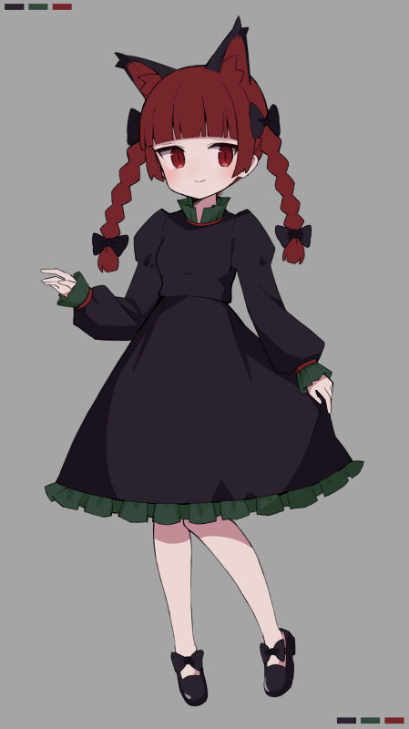 1girl aki_inu animal_ears black_bow black_dress black_footwear blunt_bangs bow cat_ears closed_mouth dress extra_ears footwear_bow full_body grey_background hair_bow kaenbyou_rin long_sleeves looking_at_viewer medium_hair nekomata red_eyes red_hair simple_background smile solo touhou