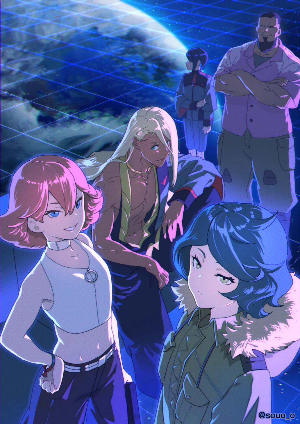 2boys 3girls asticassia_school_uniform beard black_hair blonde_hair blue_hair crossed_arms dark-skinned_male dark_skin earth_(planet) facial_hair gundam gundam_suisei_no_majo highres long_hair medium_hair multiple_boys multiple_girls muscular muscular_male naji_geor_hija nika_nanaura norea_du_noc pink_hair planet school_uniform shaddiq_zenelli short_hair sophie_pulone soul_(tamashii) topless_male twitter_username