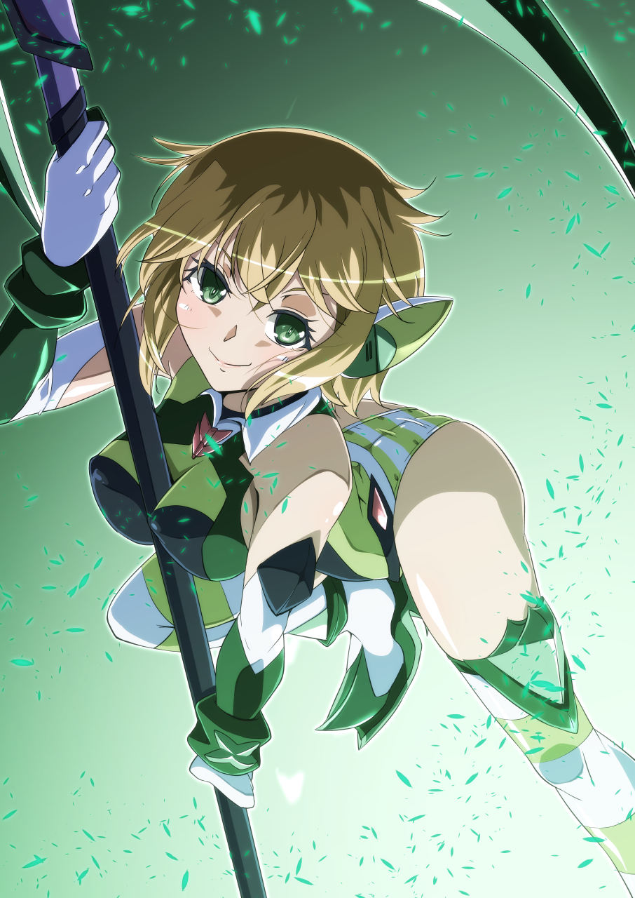 1girl akatsuki_kirika ass between_breasts blonde_hair blush breasts elbow_gloves gloves green_eyes green_leotard green_skirt green_thighhighs headgear highres holding holding_weapon leotard looking_at_viewer medium_breasts pole_dancing scythe senki_zesshou_symphogear shiny_skin short_hair skirt smile solo striped_clothes striped_thighhighs tappa_(esperanza) thighhighs thighs weapon