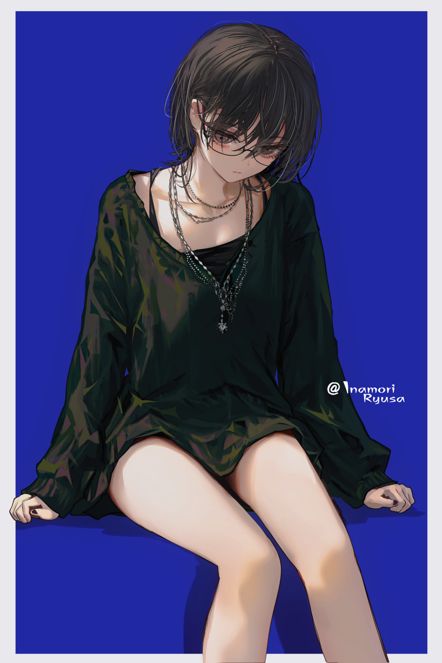 1girl bare_legs black_hair black_nails blue_background border closed_mouth eyelashes glasses grey_eyes hair_between_eyes highres inaeda_kei invisible_chair jewelry long_sleeves necklace original short_hair simple_background sitting sleeves_past_wrists solo twitter_username