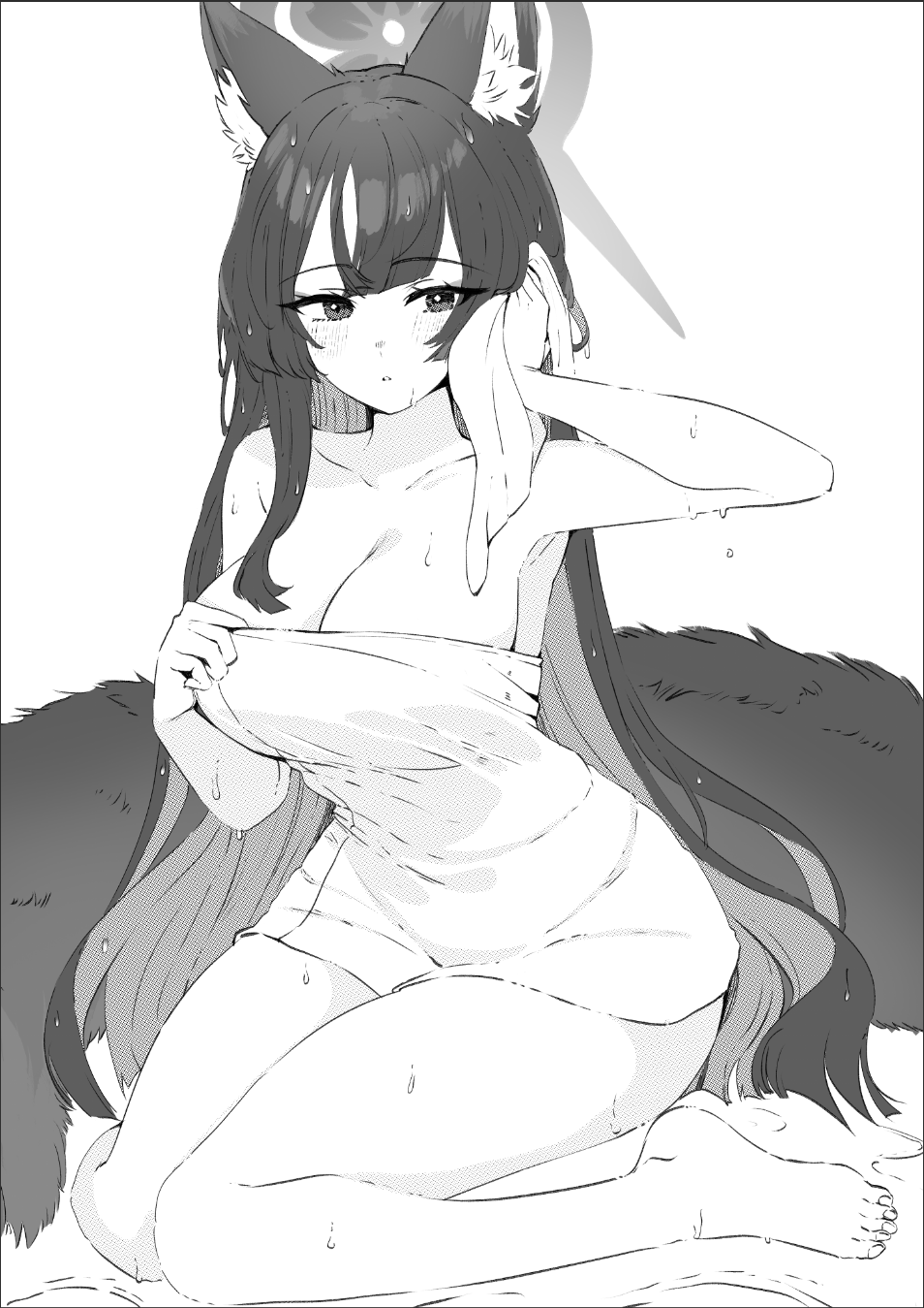 1girl animal_ears black_hair blue_archive breasts cleavage commentary fox_ears fox_girl fox_tail greyscale halo highres holding holding_towel jun_project large_breasts monochrome naked_towel one_eye_closed simple_background solo tail towel wakamo_(blue_archive) white_background wiping_face