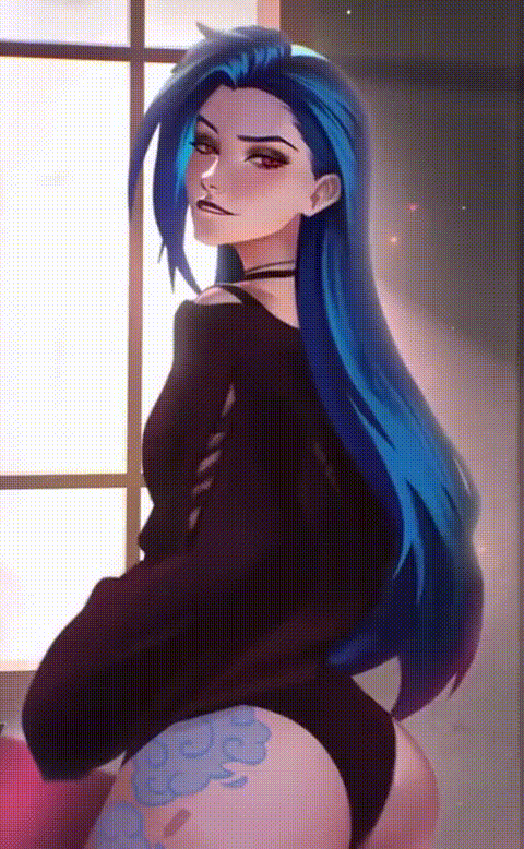 1girl animated animated_gif ass black_choker blue_hair choker flower_tattoo from_behind jewelry jinx_(league_of_legends) leg_tattoo naughty_face necklace non-web_source red_eyes smile solo_focus sweater tattoo