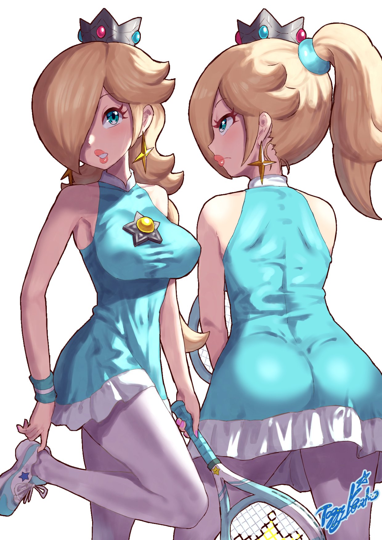 1girl aqua_dress aqua_eyes ass bare_shoulders blonde_hair breasts brooch covered_nipples cowboy_shot crown dress earrings eyelashes from_behind hair_over_one_eye high_ponytail highres holding_tennis_racket jewelry large_breasts long_hair looking_at_viewer mario_(series) mini_crown multiple_views pantyhose pink_lips rosalina short_dress simple_background sleeveless sleeveless_dress star_(symbol) star_brooch star_earrings toggy_keiichi white_background white_pantyhose