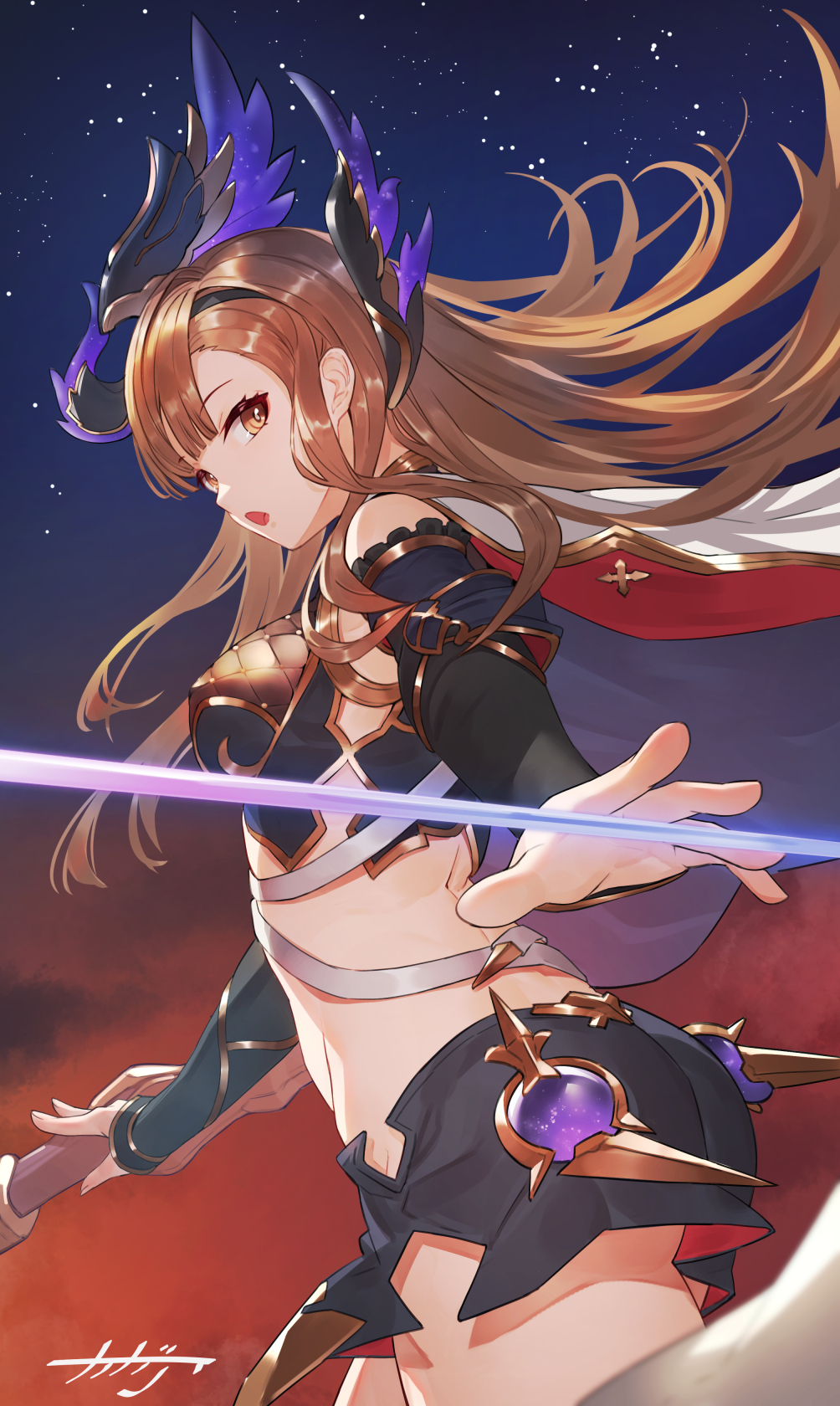 1girl arpeggio_kaga ass bare_shoulders black_shirt black_shorts breasts brown_eyes brown_hair cape cowboy_shot crop_top detached_sleeves floating_hair gold_trim granblue_fantasy head_wings highres long_hair long_sleeves looking_at_viewer median_furrow medium_breasts midriff open_mouth shirt short_shorts shorts sky solo standing star_(sky) starry_sky tweyen_(granblue_fantasy) wings