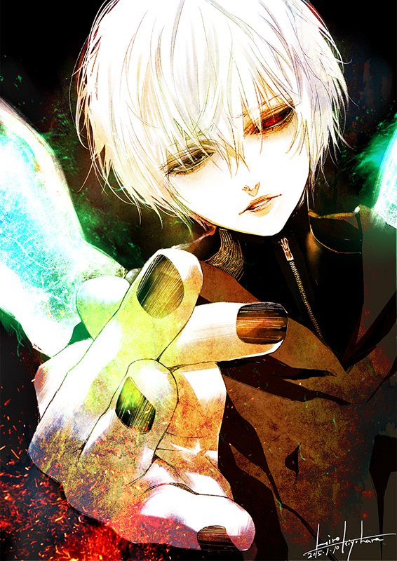 1boy black_eyes black_nails black_sclera colored_sclera commentary_request dated eyelashes foreshortening heterochromia kaneki_ken kiyohara_hiro light_frown male_focus mismatched_sclera parted_lips red_eyes short_hair signature solo tokyo_ghoul turtleneck upper_body white_hair