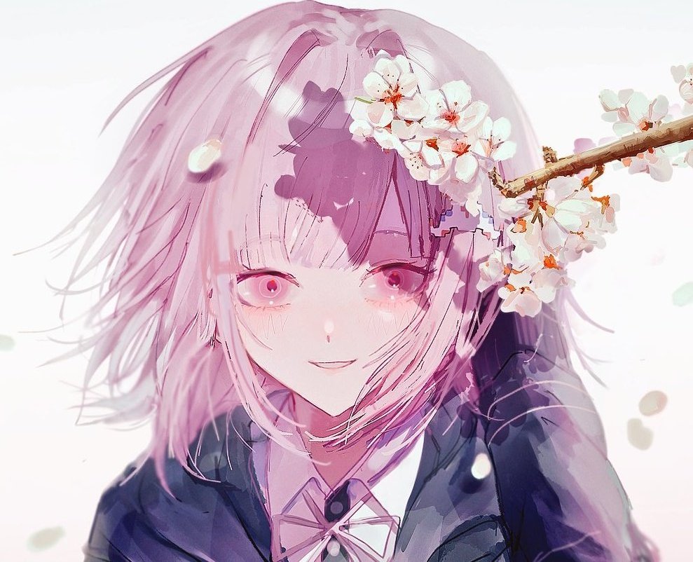 1girl asawa_a31 collared_shirt danganronpa_(series) danganronpa_2:_goodbye_despair flipped_hair flower hair_ornament hood jacket long_sleeves medium_hair nanami_chiaki neck_ribbon pink_eyes ribbon shirt smile solo teeth two-tone_shirt white_flower