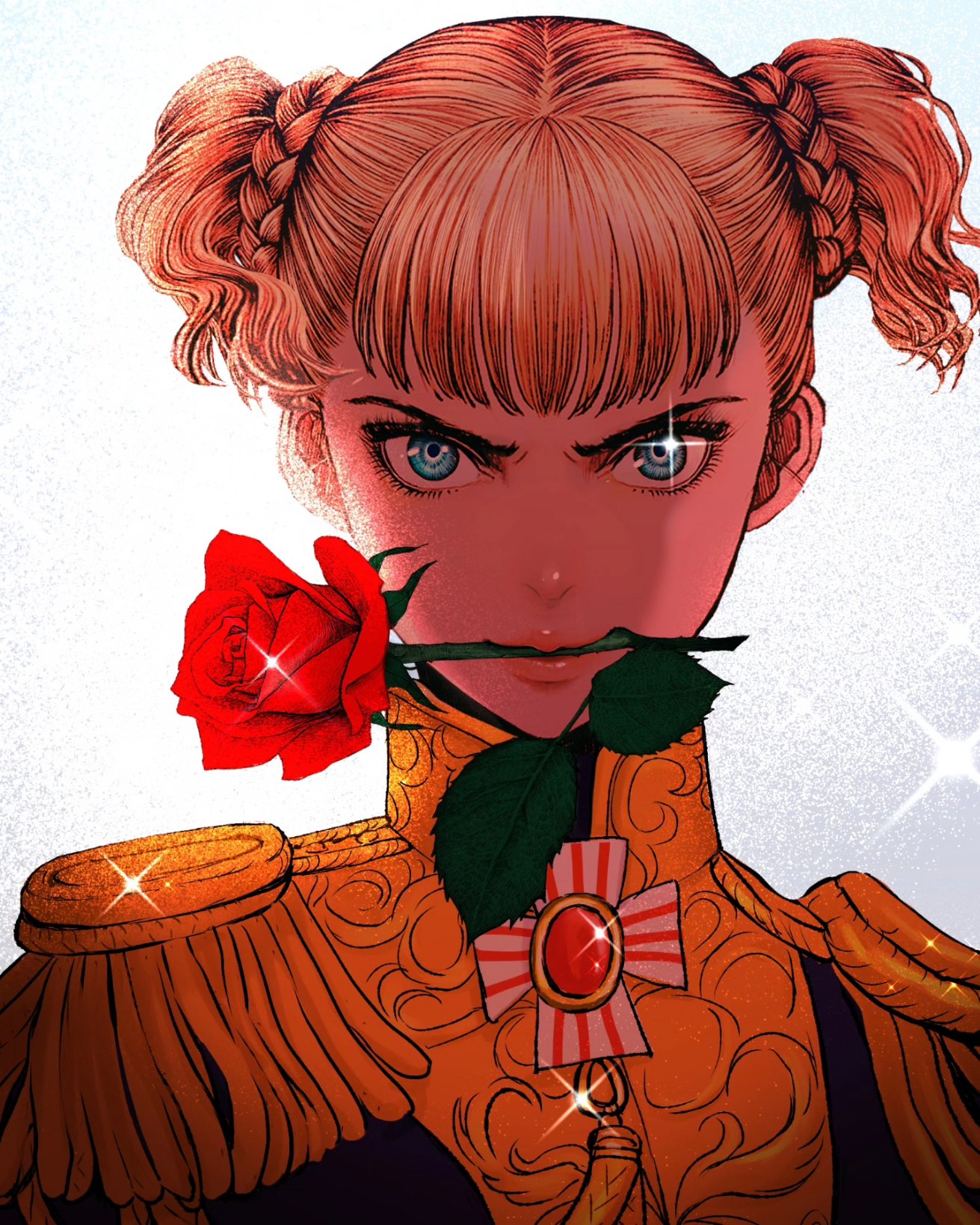 1girl aiguillette berserk blonde_hair blue_eyes braid brooch cosplay english_commentary farnese_(berserk) flower_in_mouth glint grey_background highres jewelry lips looking_at_viewer mouth_hold nisino2222 oscar_francois_de_jarjayes oscar_francois_de_jarjayes_(cosplay) portrait short_hair smile solo sparkle twintails versailles_no_bara