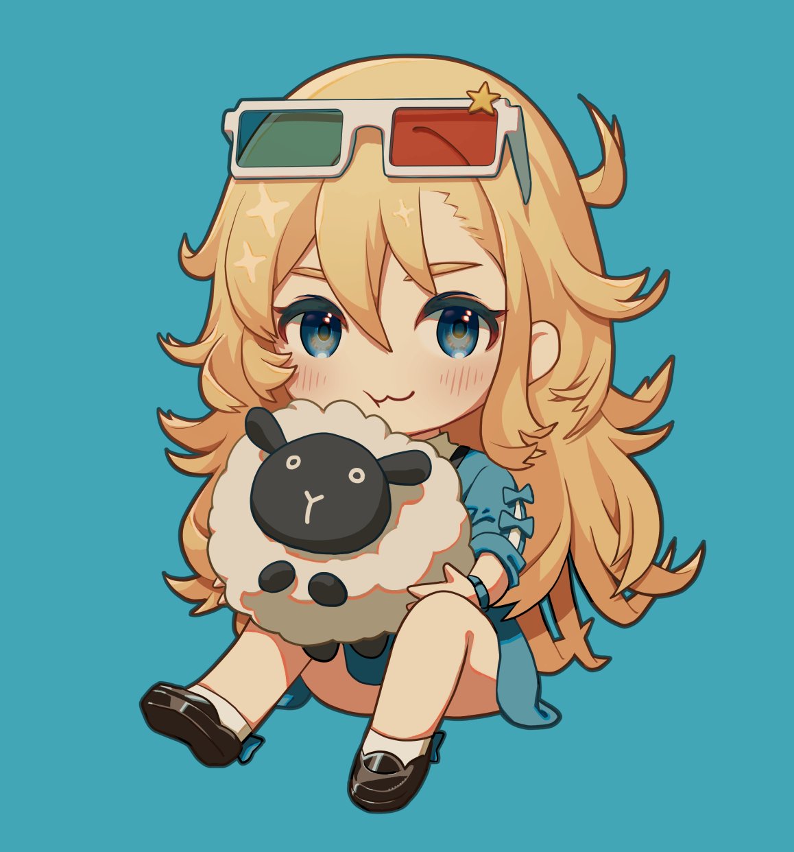 1girl 3d_glasses :3 black_footwear blonde_hair blue_background blue_dress blue_eyes blue_wristband cheek_press chibi dress eyewear_on_head highres holding_sheep light_blush loafers long_hair messy_hair original sheep shoes simple_background sitting sleeve_ribbon socks tsurupon white_socks