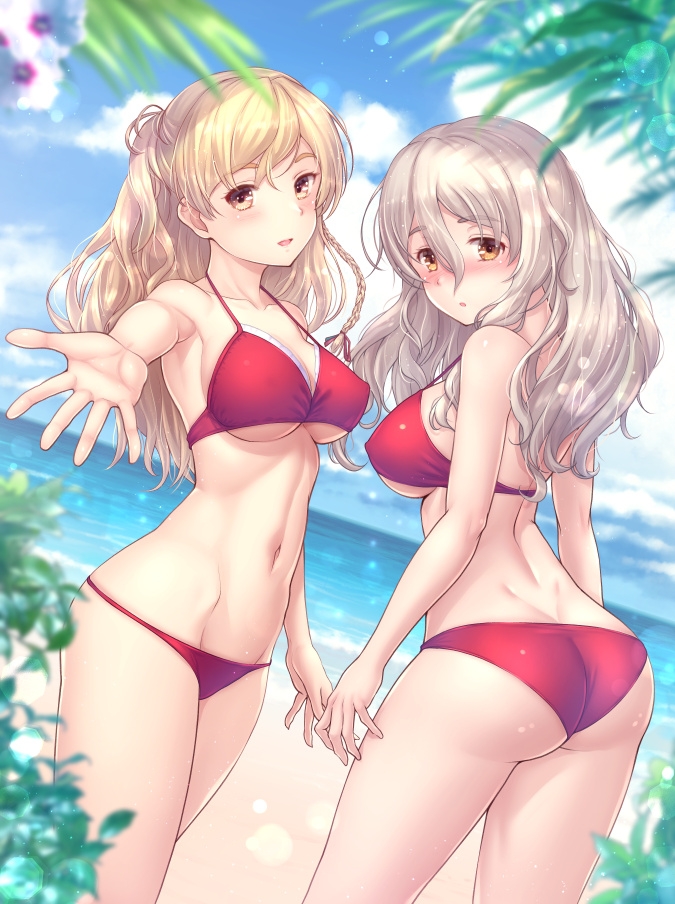 2girls alternate_costume ass beach bikini blonde_hair blue_sky blush breasts brown_eyes cloud day dimples_of_venus dutch_angle foreshortening hair_between_eyes horizon kantai_collection large_breasts long_hair looking_at_viewer multiple_girls navel nose_blush ocean outdoors outstretched_arm pola_(kancolle) red_bikini ryu-akt sky swimsuit thick_eyebrows zara_(kancolle)