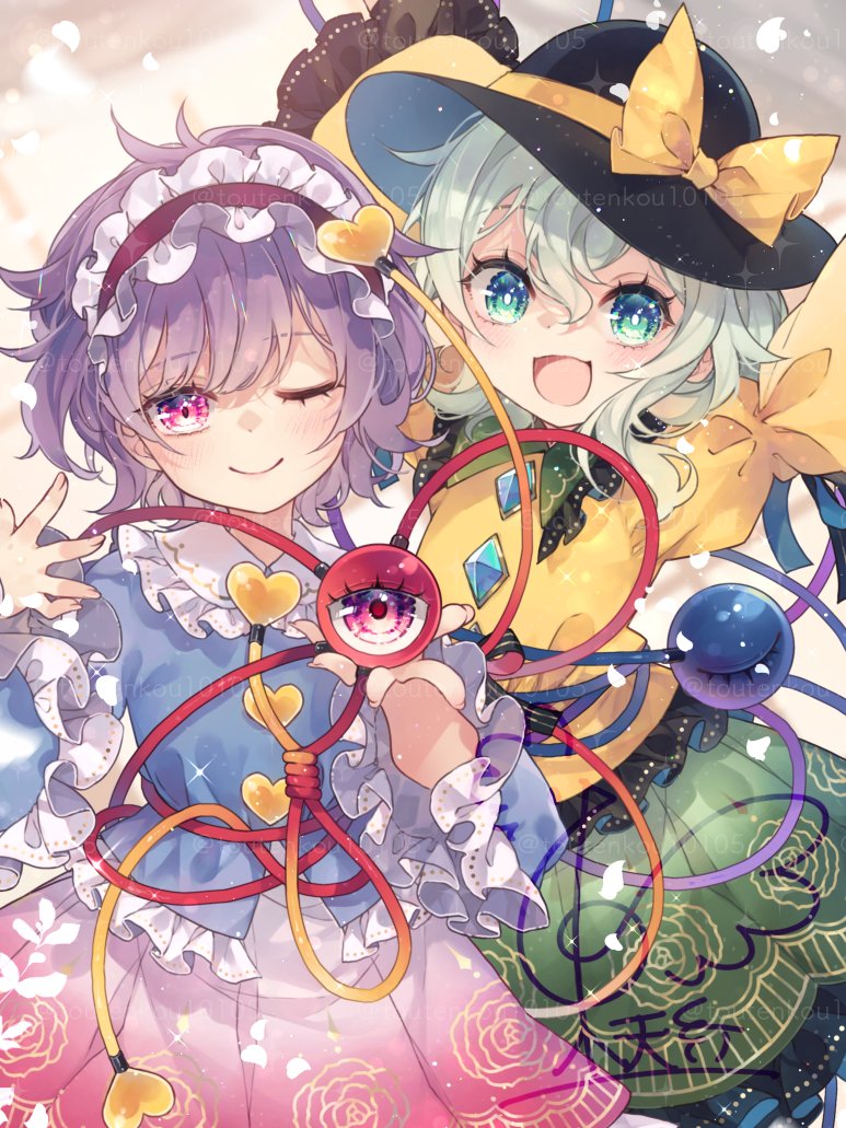 2girls arms_up black_hat blue_shirt bow cowboy_shot floral_print frilled_hairband frilled_shirt frilled_shirt_collar frills green_eyes green_hair green_skirt hair_between_eyes hairband hand_up hat hat_bow holding komeiji_koishi komeiji_satori looking_at_viewer medium_hair multiple_girls one_eye_closed open_mouth pink_eyes pink_skirt purple_hair shirt skirt smile third_eye touhou toutenkou twitter_username watermark yellow_bow yellow_shirt