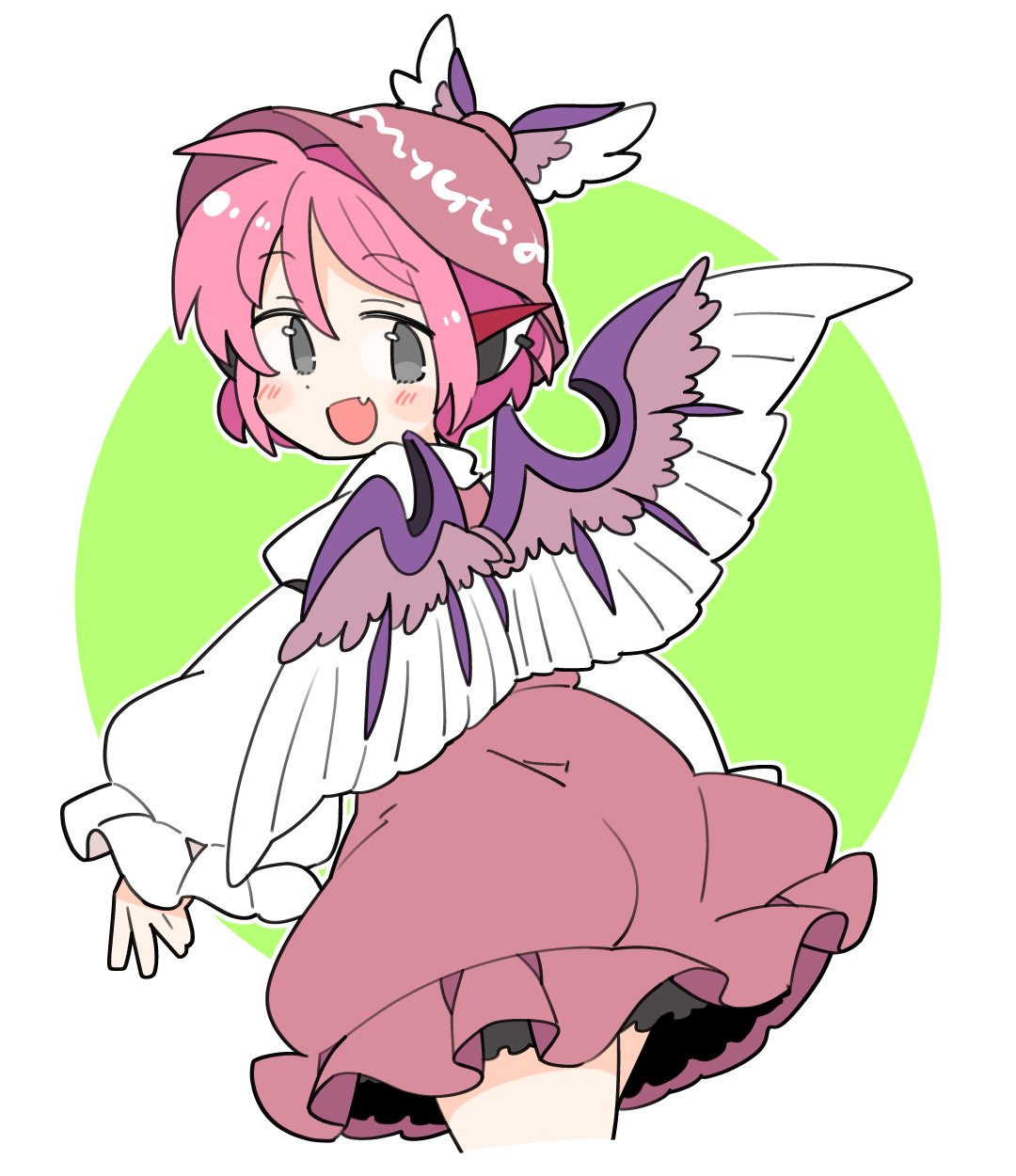 1girl animal_ears bird_ears commentary_request dress fang feathered_wings from_behind grey_eyes hat highres ini_(inunabe00) long_sleeves looking_back mystia_lorelei open_mouth pink_hair smile solo touhou wings