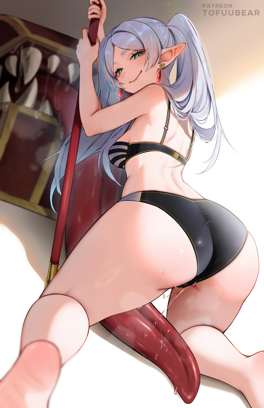 1girl ass back bare_shoulders barefoot black_bra black_panties blush bra breasts earrings elf fangs frieren green_eyes grey_hair highres jewelry kneeling long_hair long_tongue looking_at_viewer looking_back medium_breasts mimic mimic_chest panties parted_bangs pointy_ears smile solo sousou_no_frieren staff tofuubear tongue twintails underwear