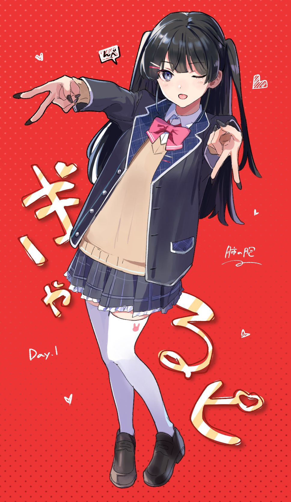 1girl black_hair blue_eyes double_v fingernails full_body gyaru_v hair_ornament hairclip heart highres loafers long_fingernails long_hair long_sleeves nail_polish nijisanji one_eye_closed pleated_skirt red_background school_uniform shoes skirt solo sweater takotakohonpo thighhighs tongue tongue_out tsukino_mito two_side_up v virtual_youtuber