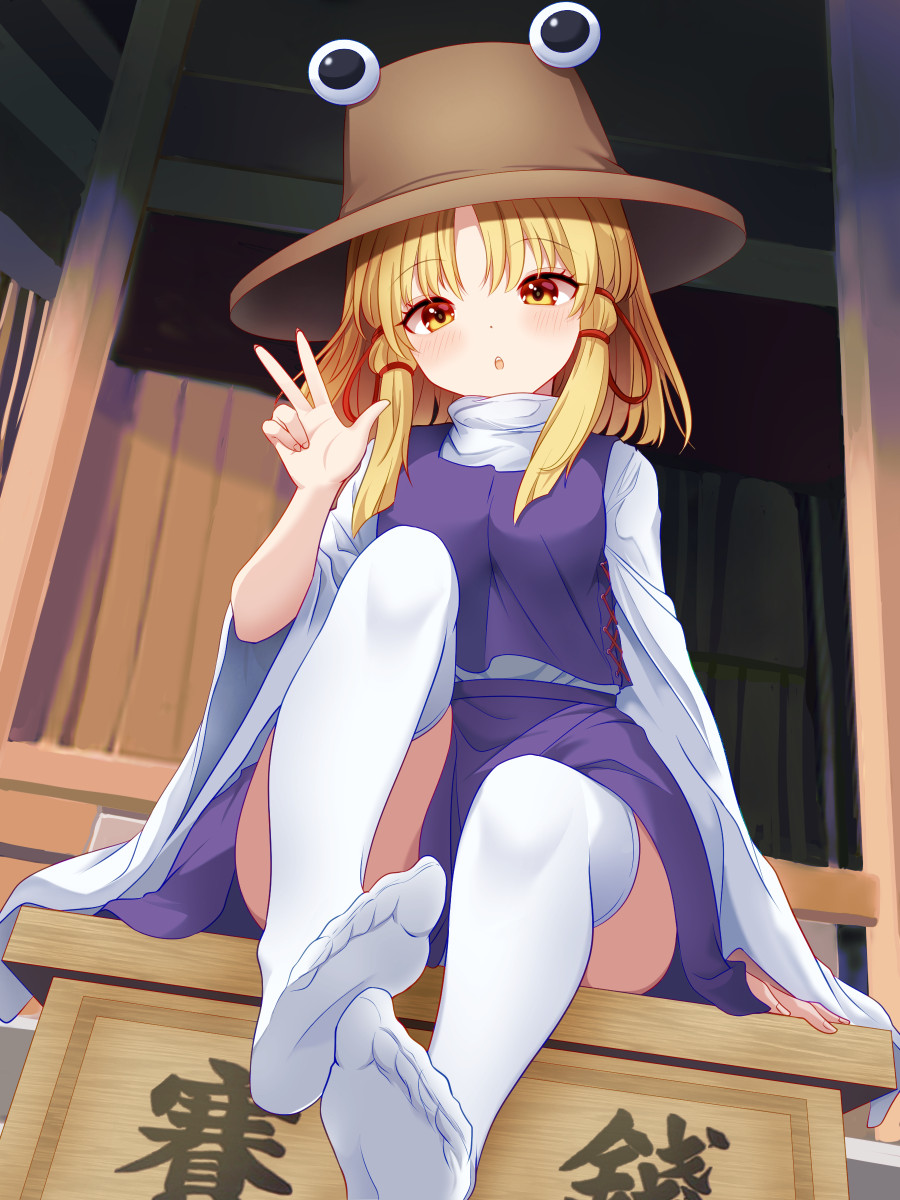 1girl :o arm_at_side blonde_hair blush box brown_hat commentary_request day donation_box eyelashes feet full_body hair_between_eyes hair_ribbon hand_up highres kisaragi_koushi knee_up legs long_sleeves looking_at_viewer medium_hair moriya_suwako no_shoes open_mouth outdoors parted_bangs purple_skirt purple_vest pyonta red_ribbon ribbon shirt sidelocks sitting skirt soles solo straight_hair thighhighs toes touhou tress_ribbon tsurime turtleneck vest w white_shirt white_thighhighs wide_sleeves yellow_eyes