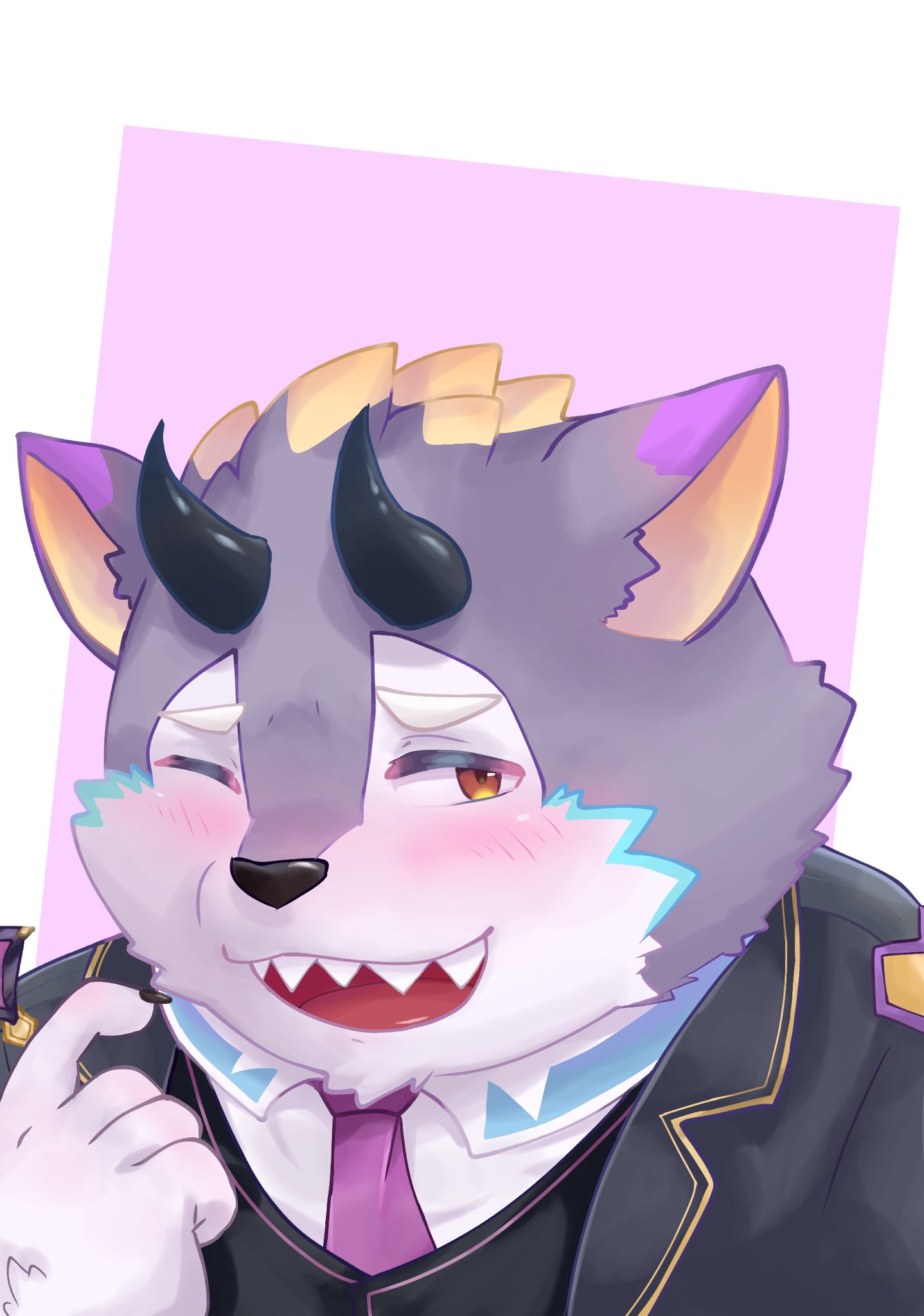 anthro belphegor_(tas) blush clawed_fingers demon formal_clothing fur grey_body grey_fur hi_res horn kwhouon lifewonders male necktie one_eye_closed sharp_teeth slightly_chubby solo teeth tokyo_afterschool_summoners wink yellow_eyes