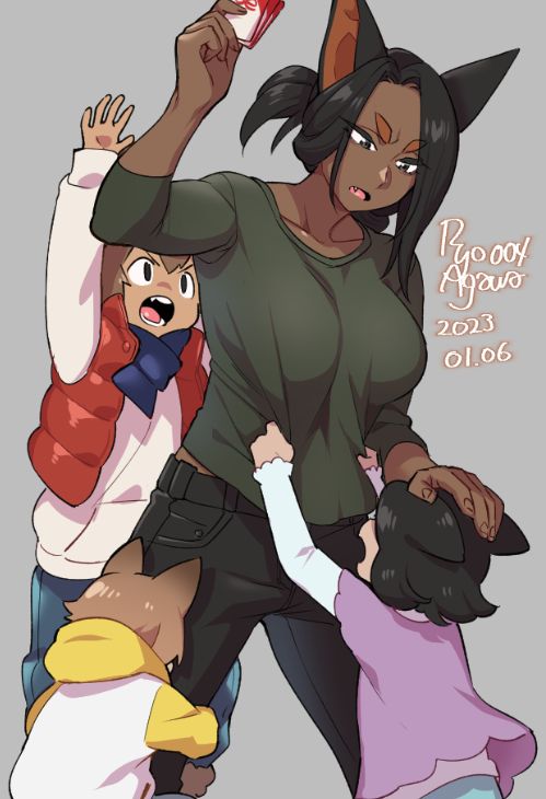 2boys 2girls agawa_ryou animal_ears arm_up artist_name asymmetrical_bangs bangs black_eyes black_hair black_pants blue_pants breasts brown_hair clothes_pull collarbone commentary dark-skinned_female dark-skinned_male dark_skin dated denim english_commentary envelope fang feet_out_of_frame frilled_shirt frilled_sleeves frills from_behind green_shirt grey_background hair_between_eyes hand_on_another's_head holding holding_envelope hood hood_down hoodie hugging_another's_leg jacket jeans large_breasts layered_sleeves long_hair long_sleeves looking_at_another looking_down looking_up medium_hair multicolored_clothes multicolored_hoodie multiple_boys multiple_girls numbered open_mouth original pants parted_bangs pink_shirt ponytail pullover red_vest shirt shirt_pull short_eyebrows short_hair simple_background sleeves_past_elbows straight_hair thick_eyebrows upper_body v-shaped_eyebrows vest white_hoodie white_jacket white_shirt yellow_hoodie