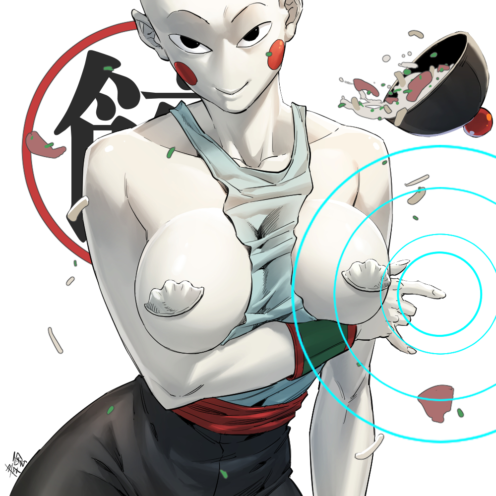 1girl bald bald_girl bowl breast_hold breasts breasts_out chaozu dragon_ball dragon_ball_z food genderswap genderswap_(mtf) grey_tank_top large_breasts no_nose pasties qingyun_zhizhe smile solo soup tank_top upper_body white_tank_top
