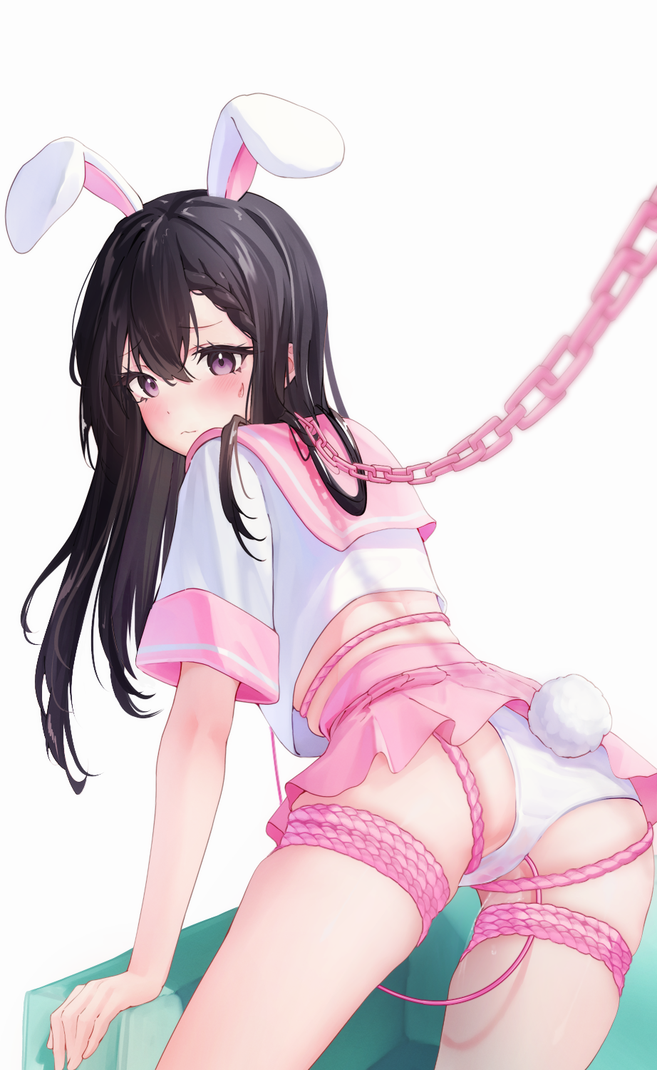 1girl :3 animal_ears ass bangs black_hair blurry blush braid chain chain_leash closed_mouth commentary cowboy_shot crop_top depth_of_field english_commentary from_behind highres leaning_forward leash long_hair looking_at_viewer looking_back midriff miniskirt original panties pink_sailor_collar pink_skirt pleated_skirt popoboba purple_eyes pussy_juice rabbit_ears rabbit_girl rabbit_tail raised_eyebrows remote_control_vibrator rope sailor_collar school_uniform see-through serafuku sex_toy shiny_hair shirt short_sleeves sidelocks simple_background single_braid skindentation skirt solo standing sweat tail thighs underwear vibrator vibrator_cord vibrator_under_clothes vibrator_under_panties wet wet_clothes wet_panties white_background white_panties white_shirt