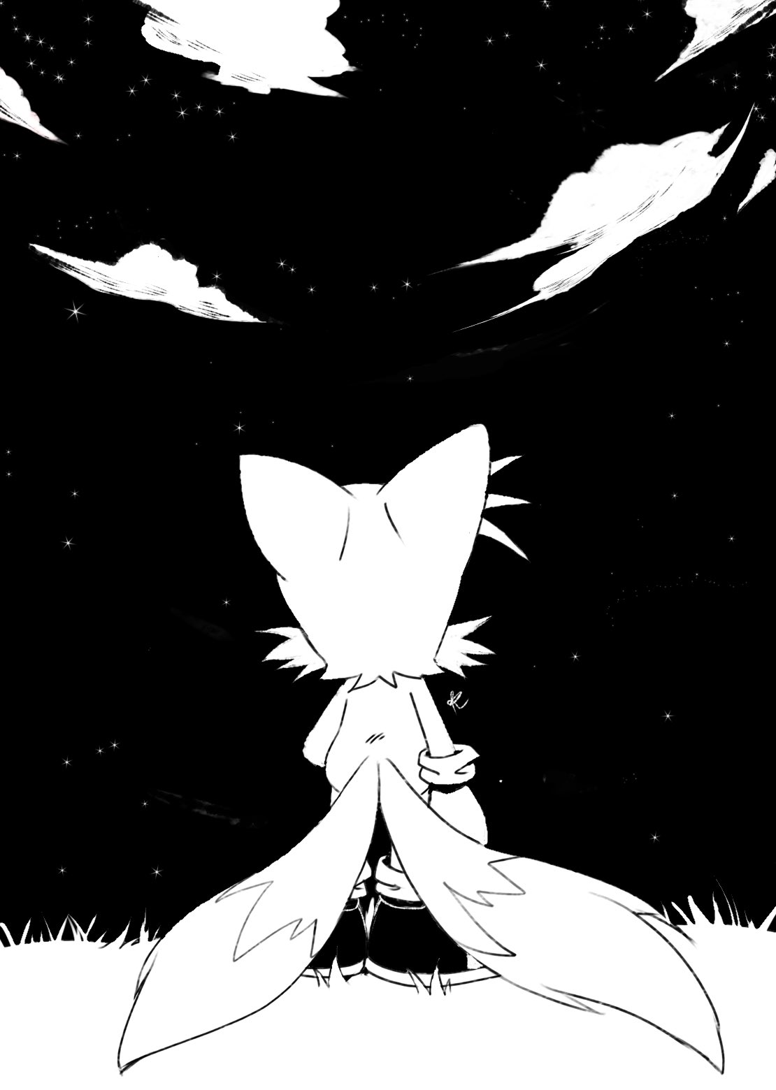1boy animal_ears cloud cloudy_sky commentary commentary_request cub fox_boy fox_ears fox_tail from_behind full_body grass highres male_focus misuta710 multiple_tails outdoors shoes sky sneakers solo sonic_(series) star_(sky) starry_sky tail tails_(sonic) two_tails