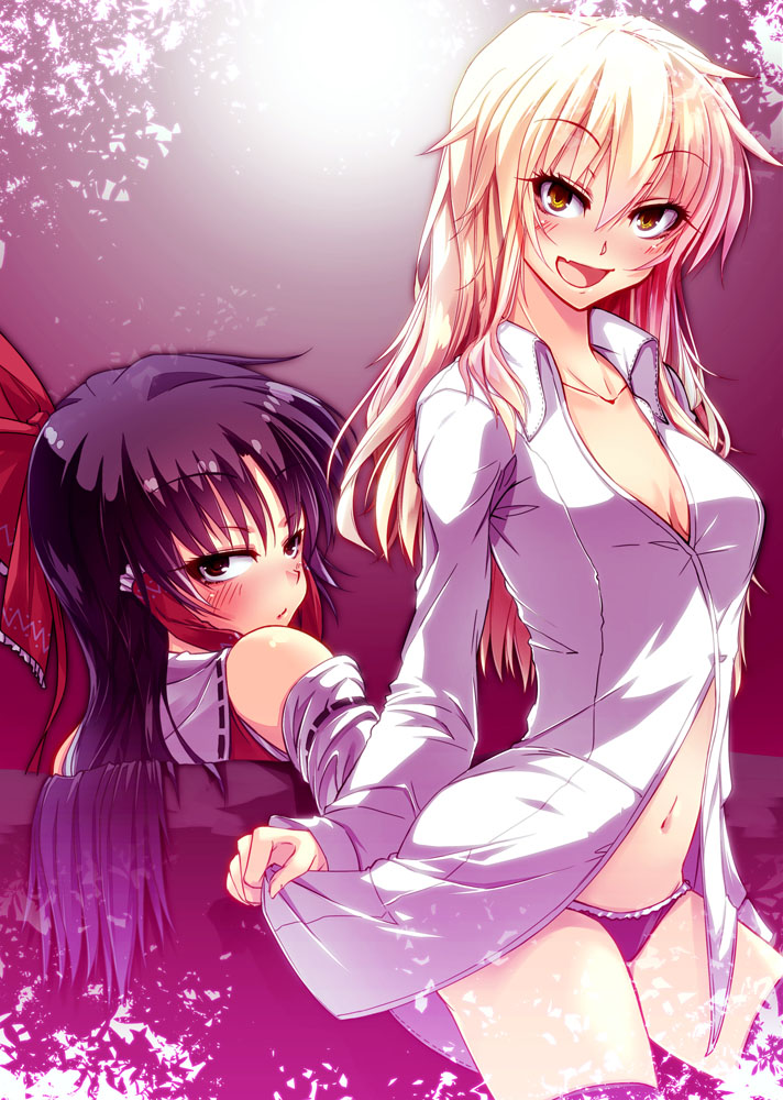 2girls :d black_hair blonde_hair bow breasts brown_eyes cleavage collarbone collared_shirt detached_sleeves dress_shirt fang hair_bow hair_tubes hakurei_reimu kirisame_marisa kurasaki_cority long_hair long_sleeves looking_at_viewer looking_back multiple_girls navel open_mouth panties purple_panties red_bow shiny_hair shirt sketch skin_fang small_breasts smile straight_hair thighhighs touhou underwear very_long_hair white_shirt white_sleeves wing_collar