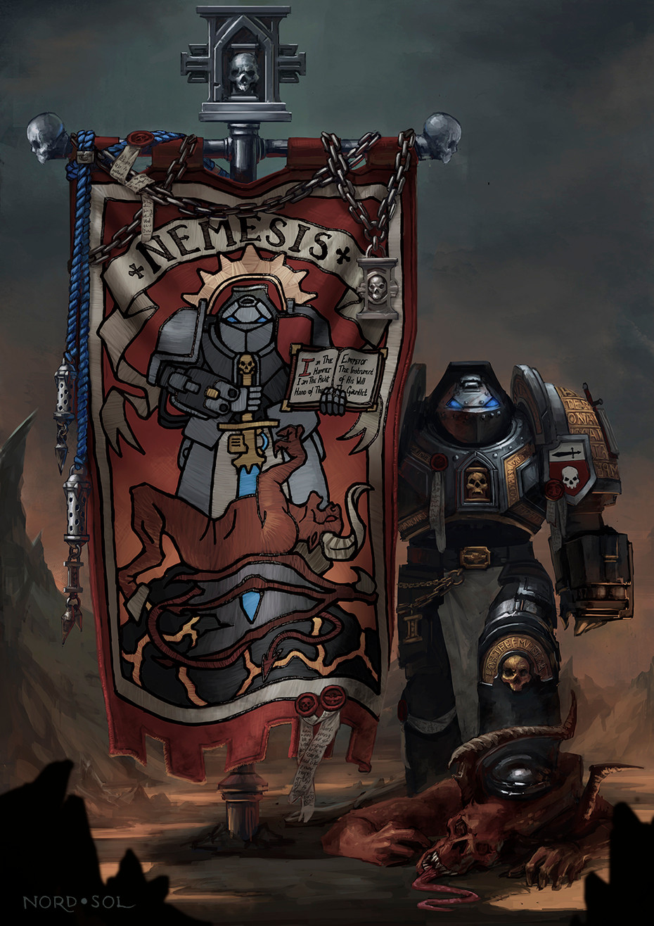 1boy 1other armor armored_boots artist_name banner bloodletter blue_eyes boots cloud cloudy_sky death demon demon_horns full_armor full_body glowing glowing_eyes grey_knight grey_sky hell helmet highres horns inquisition_(warhammer) khorne long_tongue looking_at_viewer nordsol outdoors pauldrons shoulder_armor skull_ornament sky space_marine tongue warhammer_40k