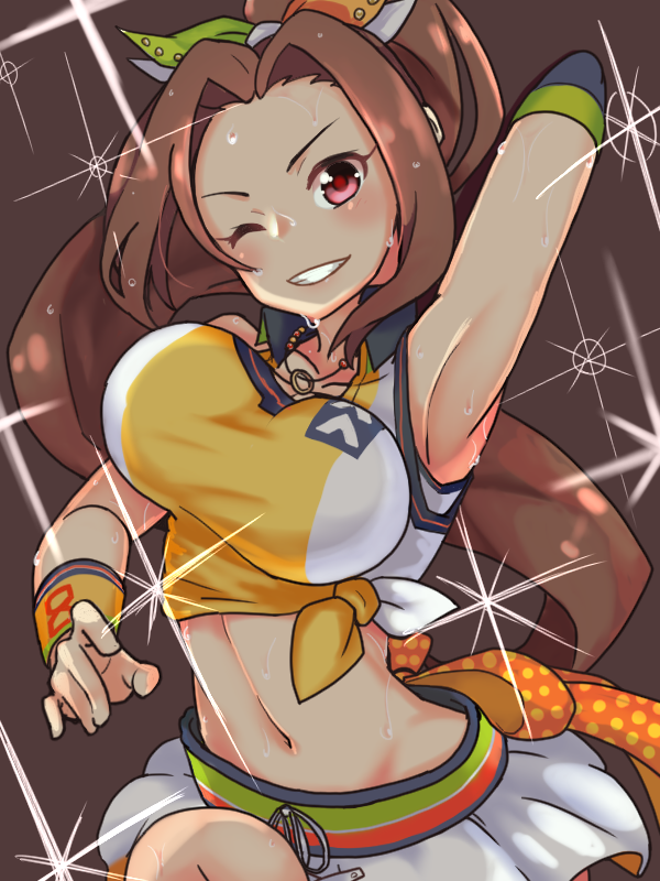 1girl aino_nagisa arm_up armpits bangs bouncing_breasts breasts brown_background brown_hair check_commentary commentary commentary_request dancing elbow_gloves eyelashes gloves grin idolmaster idolmaster_cinderella_girls idolmaster_cinderella_girls_starlight_stage kurushima_gire leg_up looking_at_viewer medium_breasts navel one_eye_closed parted_bangs pink_eyes ponytail simple_background single_elbow_glove sleeveless smile sparkle sparkle_background stomach sweat wet wet_hair