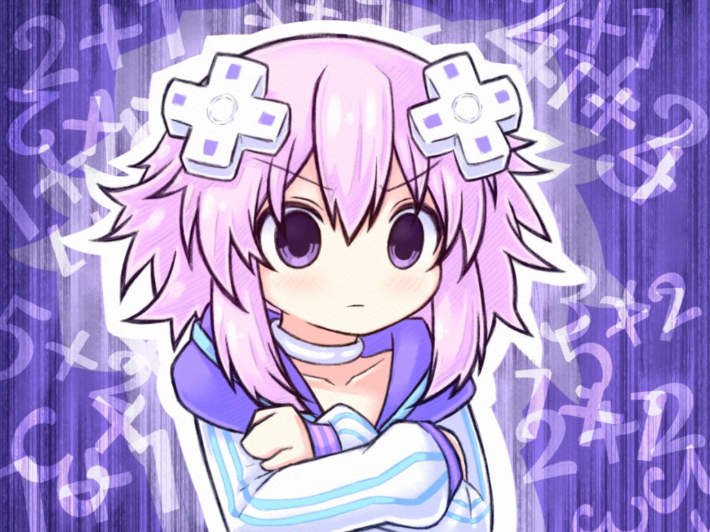 1girl choker crossed_arms d-pad d-pad_hair_ornament empty_eyes english_commentary hair_between_eyes hair_ornament hood hoodie light_blush light_frown looking_at_viewer math neptune_(neptune_series) neptune_(series) novus_rue purple_eyes purple_hair short_hair sidelocks solo upper_body white_hoodie