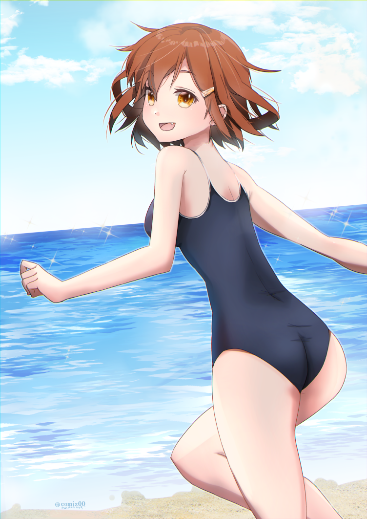 1girl ass beach blue_one-piece_swimsuit blue_sky brown_hair cloud cloudy_sky day hair_ornament hairclip ikazuchi_(kancolle) kantai_collection kimura_shiki new_school_swimsuit ocean one-piece_swimsuit open_mouth outdoors sand school_swimsuit short_hair sky solo swimsuit