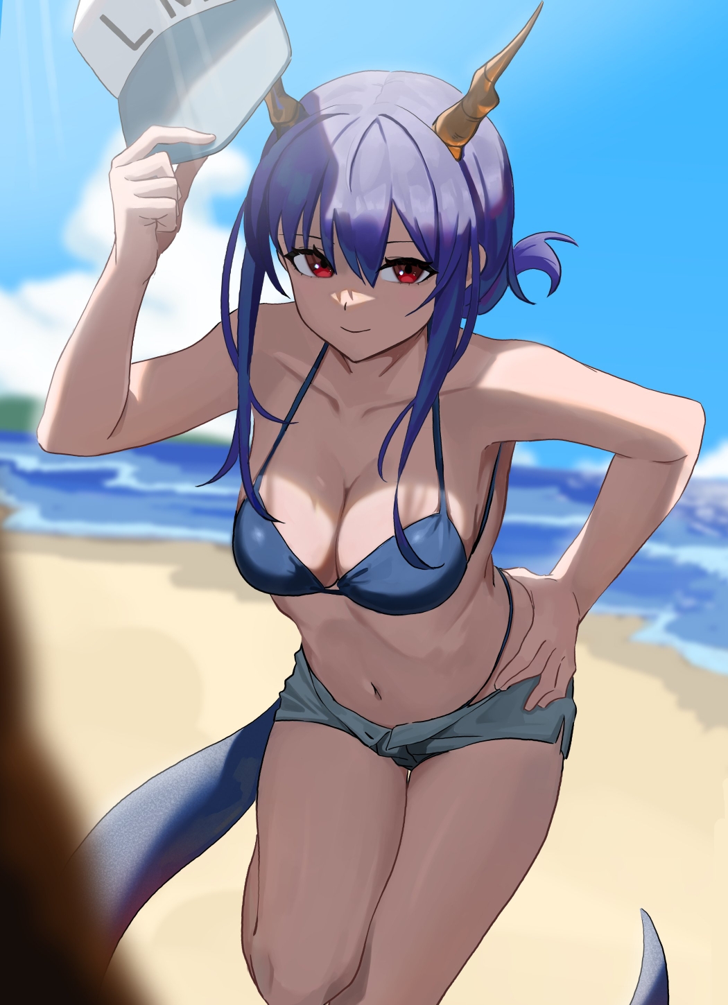 1girl arknights bangs bare_arms bare_shoulders baseball_cap beach bikini blue_bikini blue_hair blue_sky breasts ch'en_(arknights) ch'en_the_holungday_(arknights) cleavage cloud commentary day dragon_horns dragon_tail folded_ponytail grey_shorts hair_between_eyes hand_up hat highres holding holding_clothes holding_hat horns large_breasts leaning_forward long_hair looking_at_viewer micro_shorts natoriusu_sansei navel red_eyes shorts sky smile solo standing stomach swimsuit tail thighs