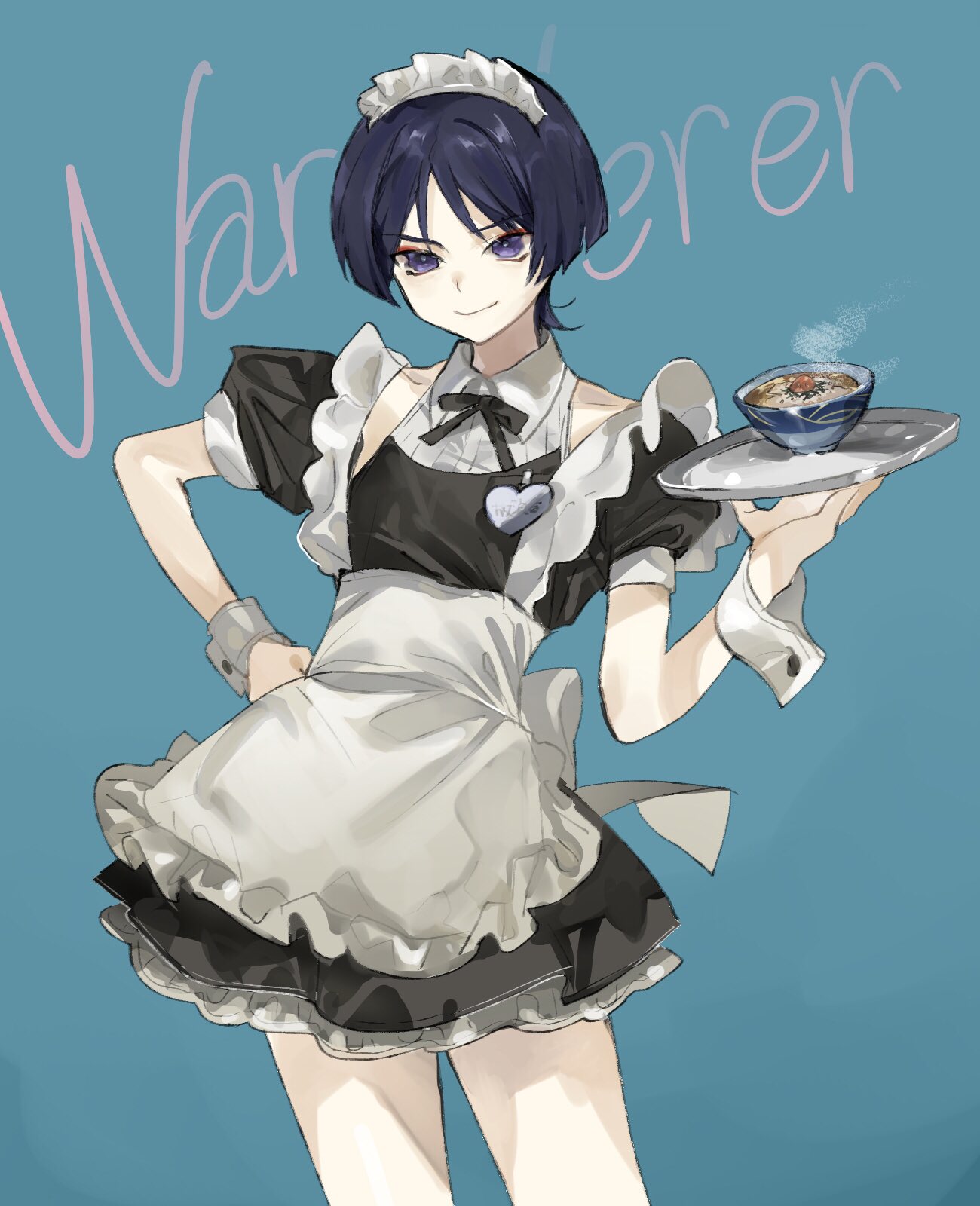 1boy apron bangs black_dress blue_background blue_eyes blue_hair blunt_ends bowl closed_mouth cowboy_shot crossdressing dress genshin_impact hand_on_hip highres holding holding_plate maid maid_apron maid_headdress male_focus parted_bangs plate puffy_short_sleeves puffy_sleeves scaramouche_(genshin_impact) short_hair short_sleeves smile solo talesofmea wanderer_(genshin_impact) white_apron wrist_cuffs