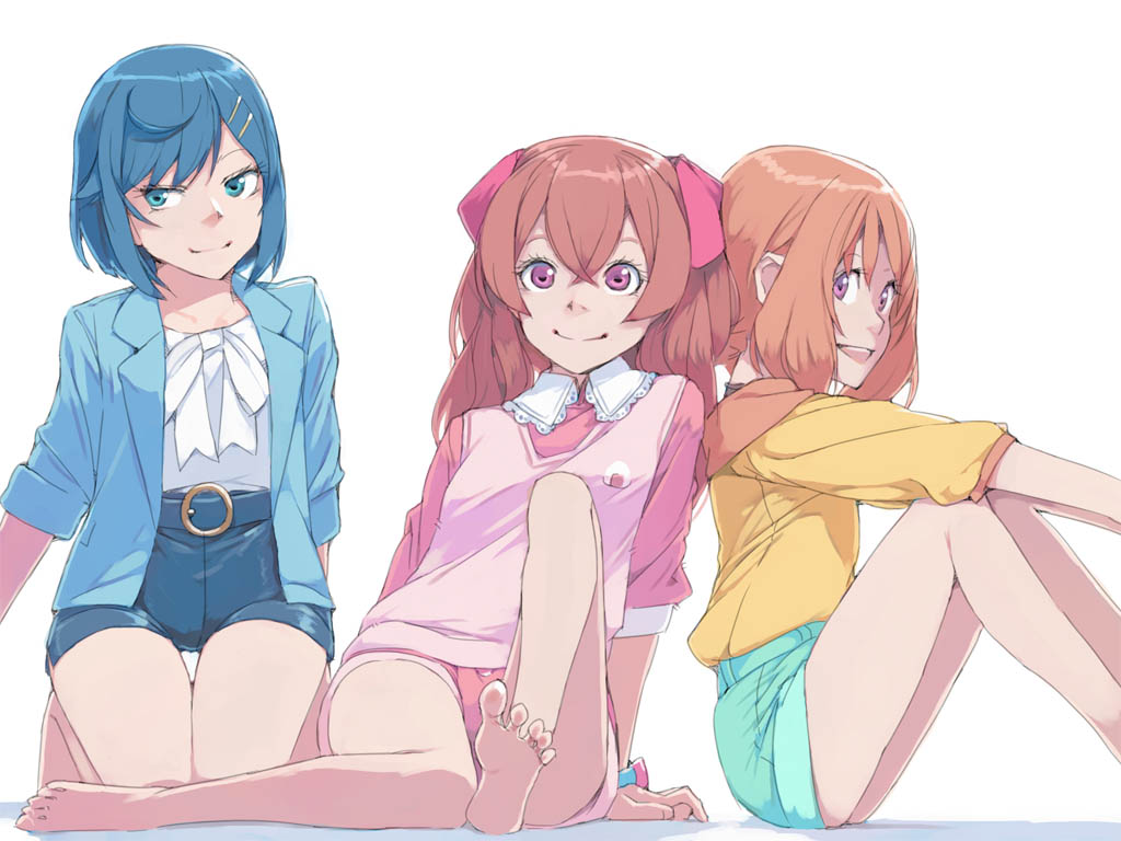3girls :d akinbo_(hyouka_fuyou) bare_legs barefoot blue_hair blue_jacket blue_shorts bow brown_hair closed_mouth delicious_party_precure fuwa_kokone green_eyes hair_ornament hairclip hanamichi_ran high-waist_shorts jacket kneeling long_hair looking_at_viewer multiple_girls nagomi_yui open_clothes open_jacket open_mouth pink_shirt pink_shorts pink_vest precure red_eyes shiny_hair shirt short_hair short_shorts shorts simple_background sitting smile soles thigh_gap vest white_background white_bow white_shirt yellow_shirt