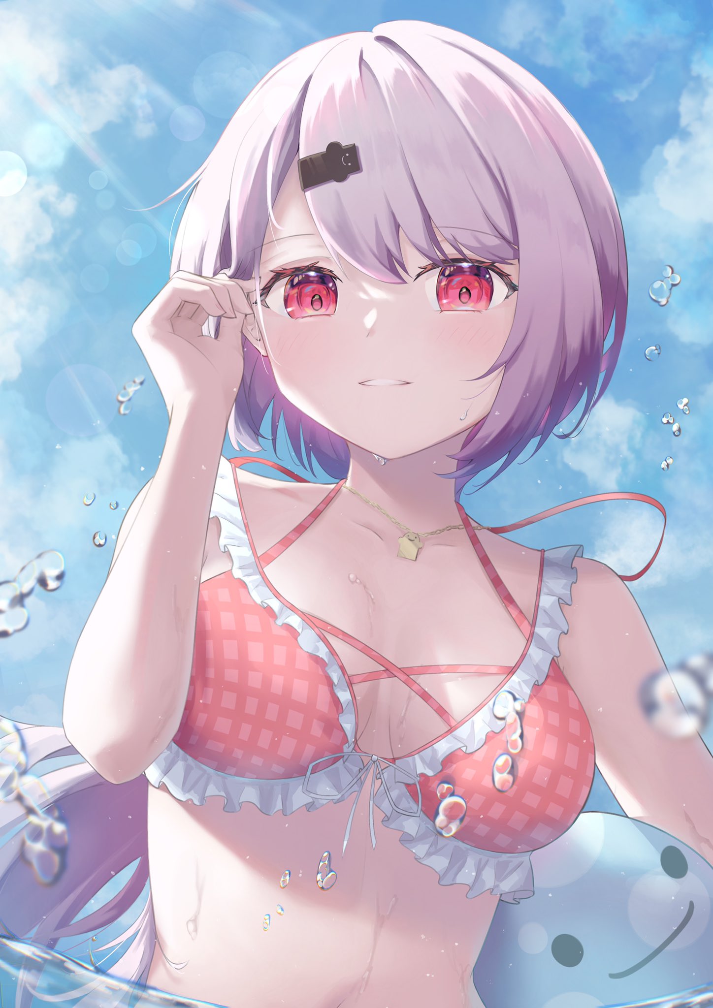 1girl ball bikini bikini_top_only blue_sky breasts cleavage cloud collarbone frilled_bikini frills ghost hand_in_own_hair highres holding jewelry long_hair looking_at_viewer necklace nijisanji pink_bikini pink_hair plaid plaid_bikini red_eyes red_ribbon ribbon shiina_yuika sky smile solo splashing sunlight swimsuit upper_body virtual_youtuber water water_drop wet yolsan