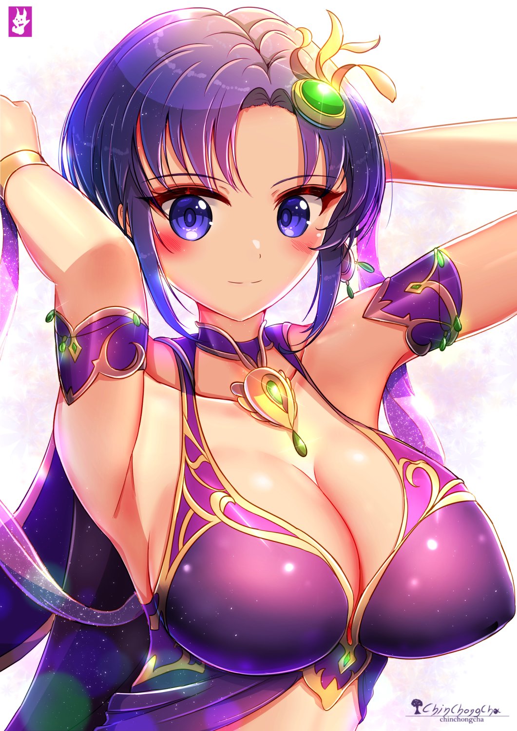 1girl arms_behind_head artist_name bangs bare_shoulders blue_hair blush breasts chinchongcha cleavage earrings fire_emblem fire_emblem:_the_blazing_blade fire_emblem_heroes hair_ornament highres jewelry large_breasts looking_at_viewer short_hair sleeveless smile solo ursula_(fire_emblem) ursula_(khadein)_(fire_emblem)