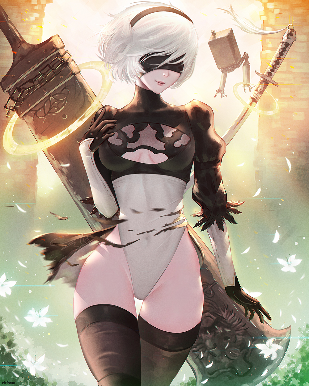 1girl black_blindfold blindfold breasts breasts_apart cleavage_cutout clothing_cutout covered_navel cowboy_shot facing_viewer hairband highres huge_weapon leotard lips makeup mcdobo medium_breasts medium_hair nier_(series) nier_automata pod_(nier_automata) smile solo thigh_gap thighhighs turtleneck two-tone_leotard walking weapon white_hair wide_hips yorha_no._2_type_b