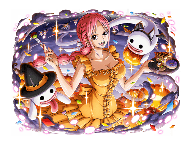 1girl animal_ears brown_eyes cake cake_slice doughnut dress food fork ghost halloween halloween_costume hat holding holding_fork holding_plate jack-o'-lantern long_hair looking_at_viewer official_art one_piece one_piece_treasure_cruise orange_dress pink_hair plate ponytail rebecca_(one_piece) tongue tongue_out witch_hat