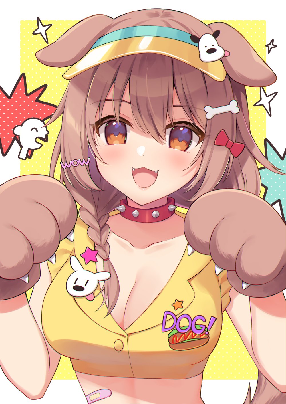 1girl animal_ears animal_hands bandaid_on_stomach bangs bone_hair_ornament bow braid breasts brown_eyes brown_hair clothes_writing collar collarbone dog_ears dog_tail doggy_god's_street english_text fangs food_print gloves hair_between_eyes hair_bow hair_ornament hands_up highres hololive hot_dog inugami_korone large_breasts listener_(inugami_korone) long_hair looking_at_viewer open_mouth paw_gloves polka_dot polka_dot_background red_bow smile sparkle spiked_collar spikes star_(symbol) sumisaki_yuzuna tail upper_body virtual_youtuber visor_cap yellow_background