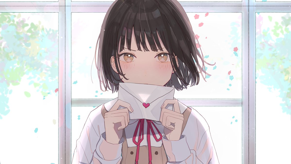 1girl bangs black_hair blunt_bangs blush collared_shirt covered_mouth day envelope holding holding_envelope honeyworks looking_at_viewer love_letter neck_ribbon no_nose original red_ribbon ribbon second-party_source shirt short_hair solo upper_body vest white_shirt window yellow_eyes yellow_vest yuyu