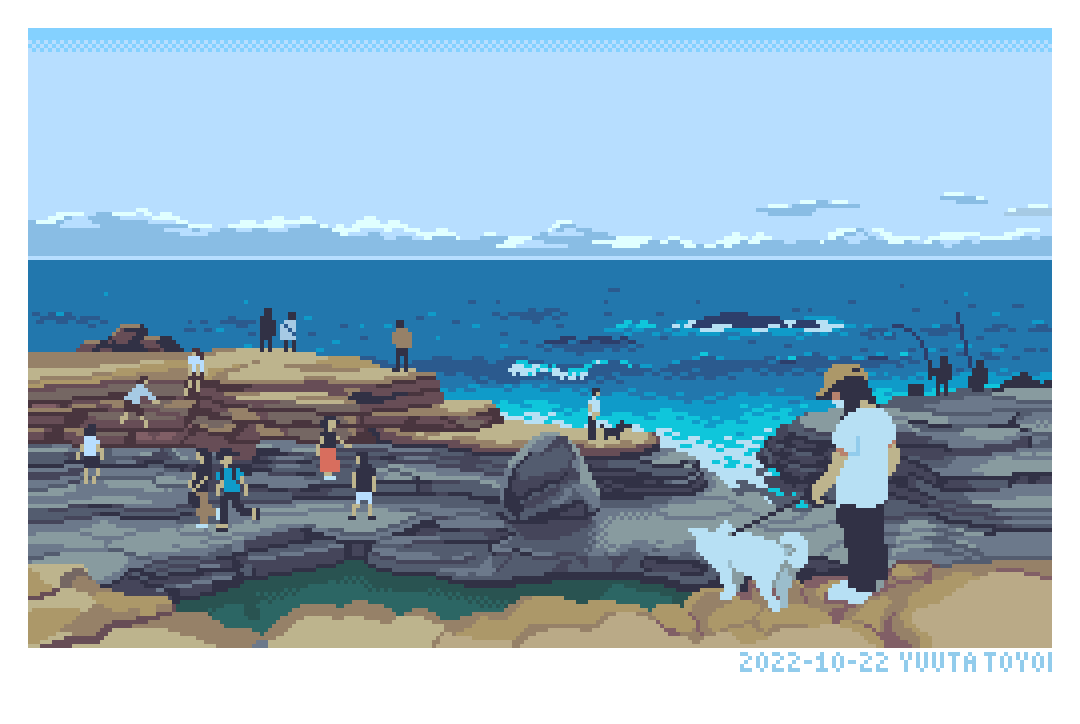 6+others ambiguous_gender artist_name black_pants blue_sky brown_headwear dated day dog faceless faceless_other holding holding_leash horizon leash multiple_others ocean original outdoors pants pixel_art rock scenery shirt short_sleeves sky toyoi_yuuta white_shirt