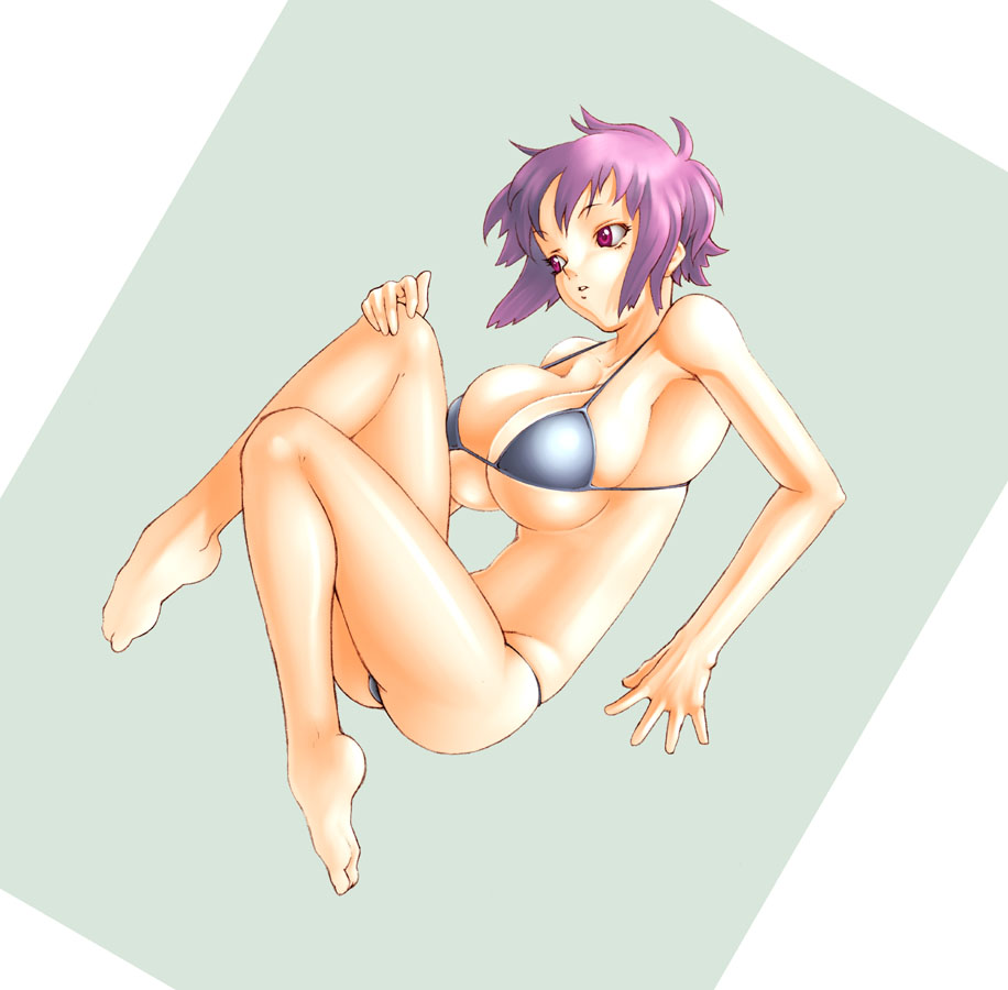 bikini breasts huge_breasts murazono original purple_eyes purple_hair short_hair solo swimsuit