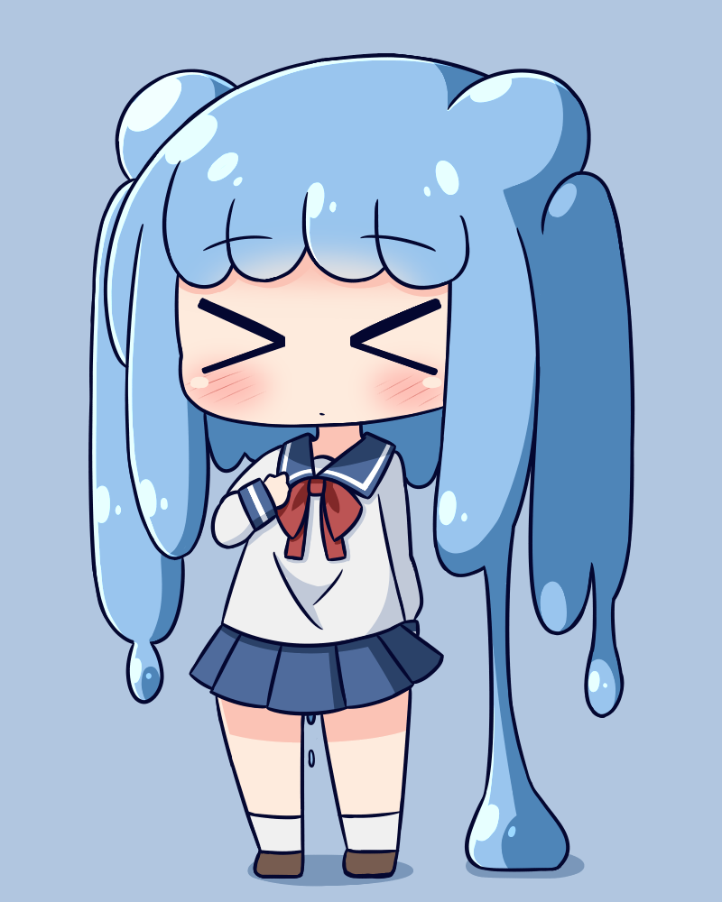 &gt;_&lt; 1girl bangs blue_background blue_hair blue_sailor_collar blue_skirt blush bow brown_footwear closed_mouth colored_shadow double_bun eyebrows_visible_through_hair eyes_closed facing_viewer goo_girl half_slime-chan hana_kazari long_hair long_sleeves monster_girl original pleated_skirt red_bow sailor_collar school_uniform serafuku shadow shirt shoes skirt socks solo standing very_long_hair white_legwear white_shirt