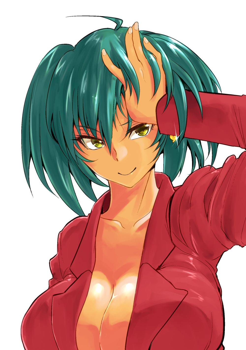 1girl breasts earring female green_hair haiboku highres ikkitousen large_breasts long_hair no_bra ryofu_housen shiny shiny_skin solo twintails upper_body