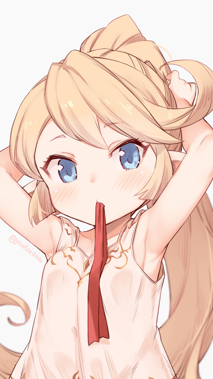 1girl armpits arms_up bangs blonde_hair blue_eyes breasts camisole charlotta_(granblue_fantasy) granblue_fantasy hair_tie_in_mouth harvin highres jingai_modoki light_blush long_hair looking_at_viewer mouth_hold ponytail small_breasts solo twitter_username upper_body very_long_hair