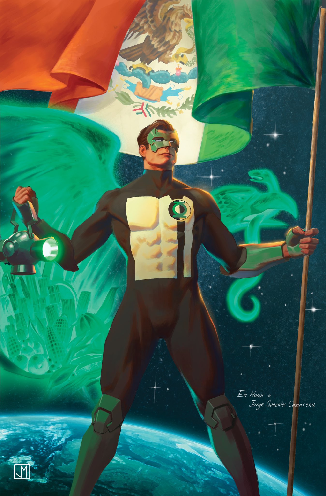 1boy bird black_bodysuit black_hair bodysuit dc_comics domino_mask eagle earth_(planet) green_bodysuit green_lantern green_lantern_(series) highres jewelry jorge_molina kyle_rayner mask mexican_flag mexico multicolored_bodysuit multicolored_clothes muscular muscular_male planet ring snake solo space two-tone_bodysuit