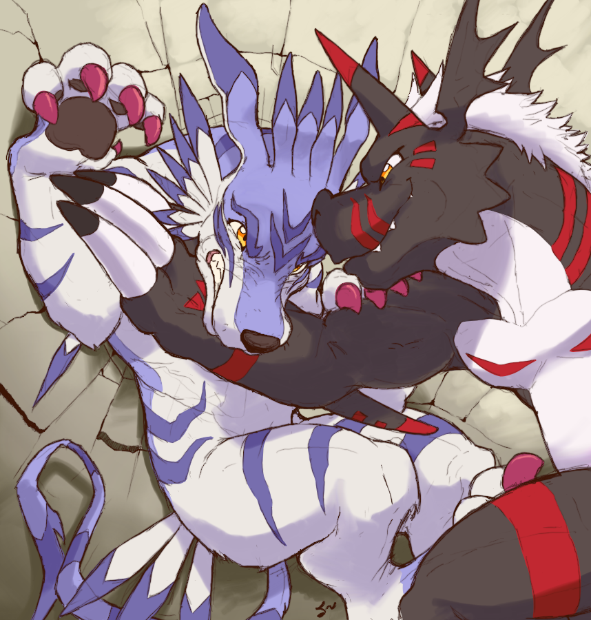 anthro bandai_namco black_body canid canine canis claws crater dahecksajerry digimon digimon_(species) duo feral fight fur garurumon growling growlmon hair male mammal pinned pinned_to_wall scalie smile smirk striped_body striped_fur stripes white_hair wolf yellow_eyes