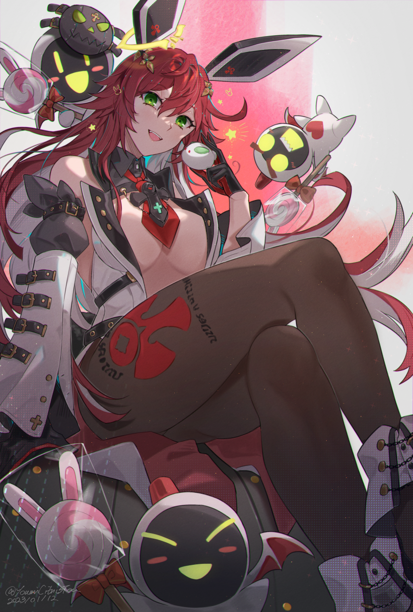 1girl alternate_costume animal_ears breasts candy cleavage compass_rose_halo crossed_legs detached_sleeves fake_animal_ears food guilty_gear guilty_gear_strive halo highres jack-o'_valentine large_breasts long_hair looking_at_viewer midriff multicolored_hair open_clothes open_mouth open_shirt pantyhose puffy_sleeves rabbit_ears red_hair sitting smile two-tone_hair white_footwear white_hair youmicitrustea